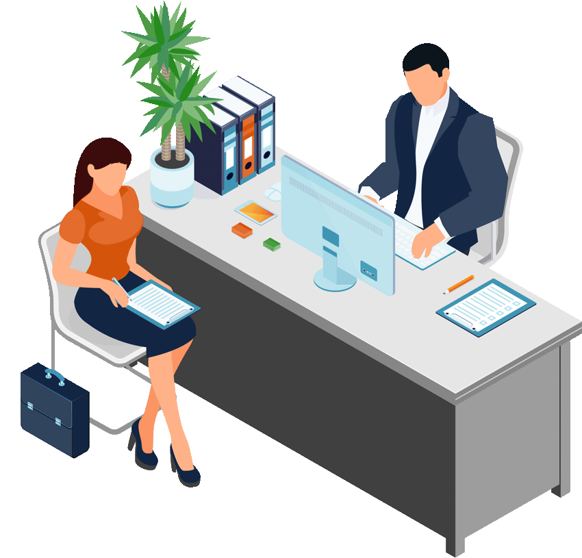Illustration of office workers using laptop and tablet with claims management software